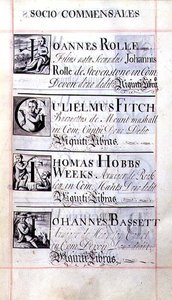 Pagina met vier weldoeners van New College, Oxford; Joannes Rolle, Gulielmus Fitch, Thomas Hobbs Weeks en Johannes Bassett, uit een weldoenersboek door English School