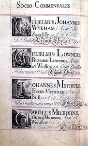 Archief 3693 f.94v Pagina met vier weldoeners van New College, Oxford; Gulielmus Johannes Wykham, Gulielmus Lowndes, Johannes Meyricke en Carolus Milborne door English School