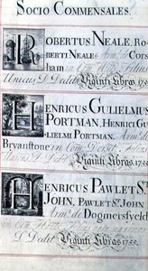 Pagina met drie weldoeners van New College, Oxford; Robertus Neale, Henricus Gulislmus Portman en Henricus Pawlet St. John door English School