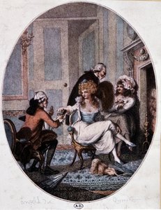 Aristocraat en priester in het gezelschap van prostituees - Engelse gravure door English School