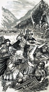 Arminius, de Duitse prins, vechtend tegen de Romeinen