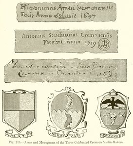Wapens en monogrammen van de drie beroemde Cremona vioolmakers door English School