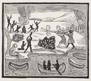Aankomst van wilden met christelijke gevangene, illustratie uit Chap-books van de achttiende eeuw door John Ashton, uitgegeven 1882