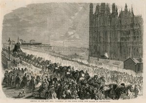 Aankomst van de nieuwe klok Victoria bij de klokkentoren, nieuw paleis van Westminster door English School