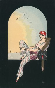 Art Deco afbeelding van een vrouw liggend in een vensterbank