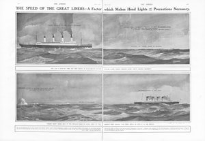 Artikel over de snelheid van de grote lijnschepen: een factor die koplampen en andere voorzorgsmaatregelen noodzakelijk maakt, uit The Sphere, 04 mei 1912