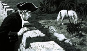 Kunstenaar George Stubbs keek toe hoe een leeuw naar een Berberpaard sloop