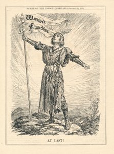 Eindelijk, illustratie van vrouwelijke krijger die het vrouwenkiesrecht viert, Punch, 23 januari door English School