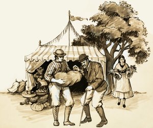 Op een dorpskermis controleert een wijze boer zijn aankopen door English School