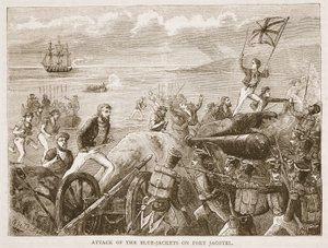 Aanval van de Blauwjassen op Port Jacotel, illustratie uit Cassells Geïllustreerde Geschiedenis van India door James Grant, uitgegeven 1879