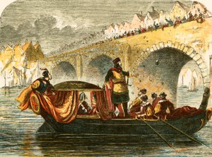 Poging om de schuit van Eleanor, koningin van Hendrik III, bij de Londense brug te laten zinken door English School