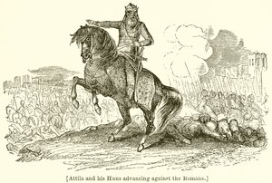 Attila en zijn Hunnen die Tegen de Romeinen Oprukken door English School
