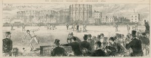 Australische cricketspelers bij Kennington Oval: Lord Harris (kapitein van het Engelse team) redt een 4 door English School