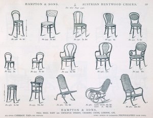 Oostenrijkse gebogen houten stoelen uit Hampton and Sons Catalogus van meubels, 1902, ZW gravure door English School