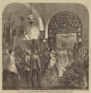 Bal op de Royal Artillery Grounds, Finsbury, ontvangst van de Prins en Prinses van Wales (gravure) door English School