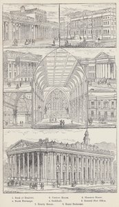 Bank of England, Douanehuis, Mansion House, Beurs, Stadhuis, Hoofdpostkantoor, Trinity House, Koninklijke Beurs (gravure) door English School