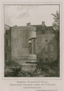 Barber Surgeons Hall, Monkwell Street, Londen, gezien vanaf het kerkhof van St Giles, Cripplegate