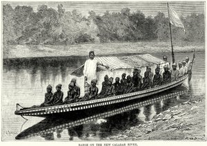 Schuit op de rivier de New Calabar (gravure) door English School