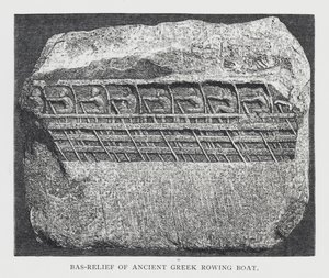 Bas-reliëf van oude Griekse roeiboot