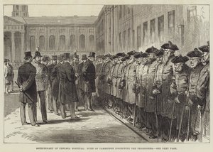 Tweehonderdjarig bestaan van het Chelsea Hospital, Hertog van Cambridge inspecteert de Pensioentrekkers (gravure) door English School