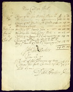 Rekening van Daniel Porter aan New College, 1690 door English School