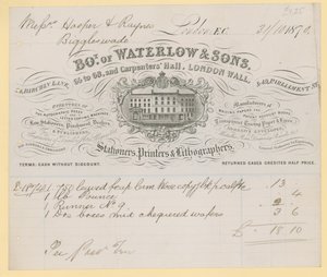 Rekening van Waterlow and Sons, 66-68 Carpenters Hall, London Wall, kantoorboekhandelaren door English School