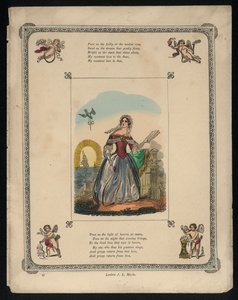 Vogel bezorgt een liefdesbrief aan een vrouw, liefdesgedicht (gekleurde gravure) door English School