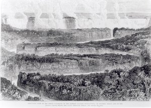 Vogelvlucht van de Grote Cataracten van de Zambesi (Victoria Falls) uit Verhaal van een Tentoonstelling naar de Zambesi en zijn Zijrivieren, gepubliceerd 1865