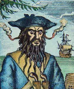 Zwartbaard de piraat (gekleurde gravure) door English School
