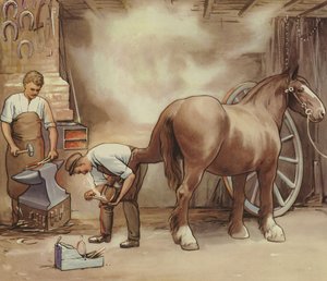 Smit die een paard beslaat door English School