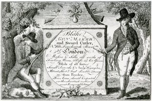Blake, Wapenmaker en Zwaardensmid, geweerkistlabel (gravure) door English School