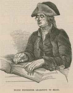 Blinde gepensioneerde leert lezen (gravure) door English School