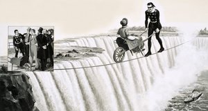 Blondin (Francois Gravelet) duwt een kruiwagen over een koord over de Niagarawatervallen door English School