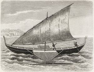 Boot van de Mortlock-eilanden, met drijver en zeil van rietmatten, uit 