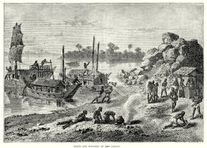 Boten en schippers van de Ganges (gravure) door English School