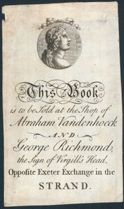 Boekplaat, dit boek wordt verkocht in de winkel van Abraham Vandenhoeck en George Richmond door English School