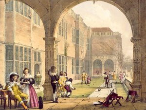 Schaaltjes op het terras in Bramshill in 1600, uit Architectuur van de Middeleeuwen door Joseph Nash, gepubliceerd in 1838