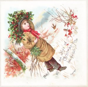Jongen draagt hulst, kerstkaart