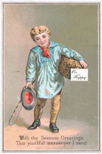 Jongen bezorgt geschenkenmand, Kerstkaart door English School