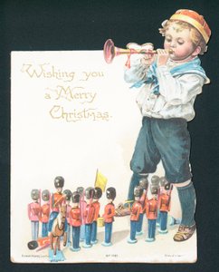 Jongen speelt met tinnen soldaatjes en blaast op trompet, Kerstkaart door English School