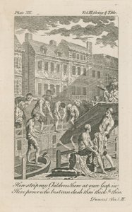 Jongens baden in de Fleet Ditch bij Bridewell Bridge in 1728 door English School