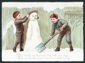 Jongens bouwen sneeuwpop, kerstkaart door English School