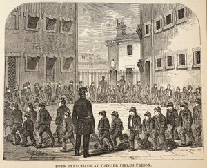 Jongens aan het oefenen in Tothill Fields Prison, illustratie uit The Criminal Prisons of London and Scenes from Prison Life door Henry Mayhew en John Binny, uitgegeven in 1862 door English School