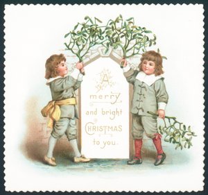 Jongens hangen maretak aan bord, kerstkaart door English School