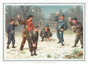 Jongens houden sneeuwballengevecht, Kerstkaart