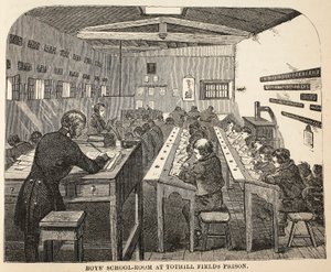 Jongensschool in Tothill Fields Prison, illustratie uit The Criminal Prisons of London and Scenes from Prison Life door Henry Mayhew en John Binny, uitgegeven in 1862