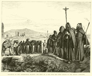 Broeders van de Misericordia dragen het lichaam van een man die is gedood in de Romeinse Campagna
