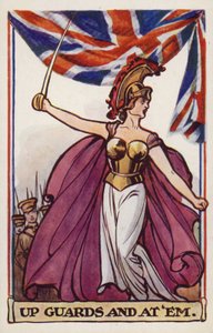 Britannia met soldaten en union flag (kleurenlitho)