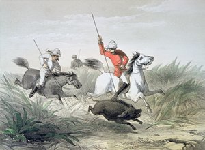 Officieren van het Britse leger op jacht naar wilde zwijnen in India door English School