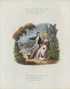 Britse Valentijnskaart met een afbeelding van een man en een vrouw die in een tuin zitten
